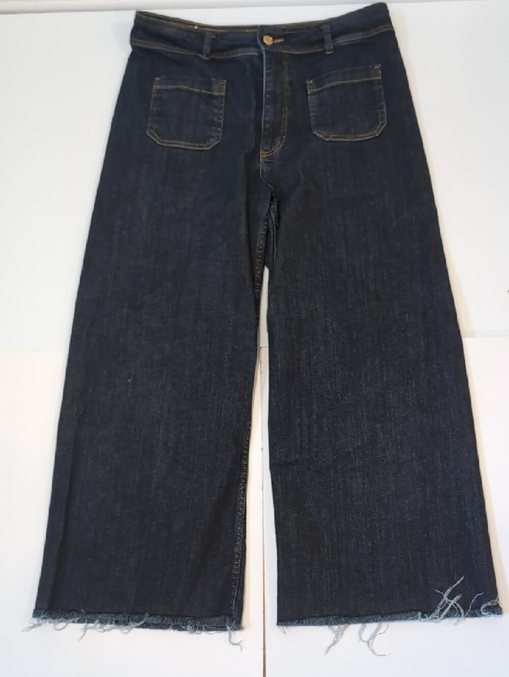 Zara Sailor Dark Wash Denim Wide Leg Jeans with Raw Hem Size 14 Nautical Hippie